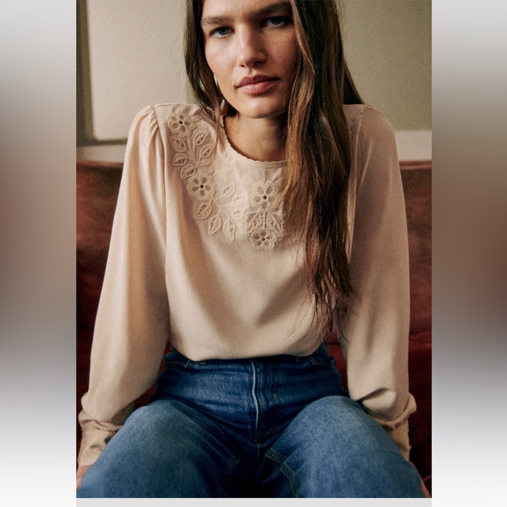 Sezane Cream 100% silk embroidered Carlotine blouse size 6